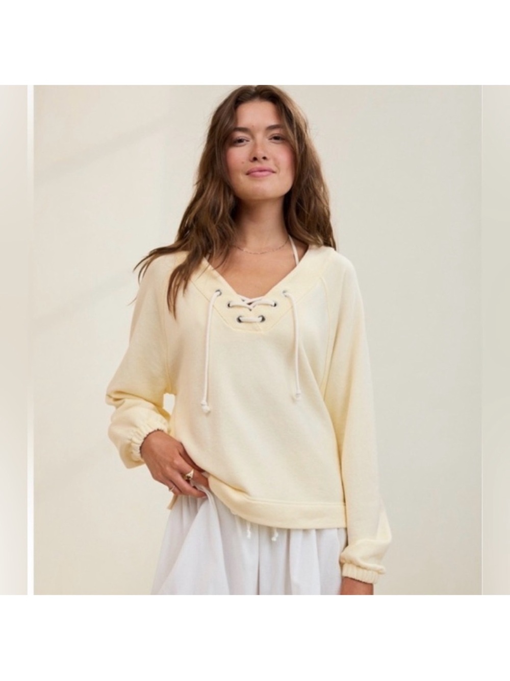 Aerie Oversized Lace-Up Neck Pullover Slouchy Sweatshirt Boho Vanilla Cream L